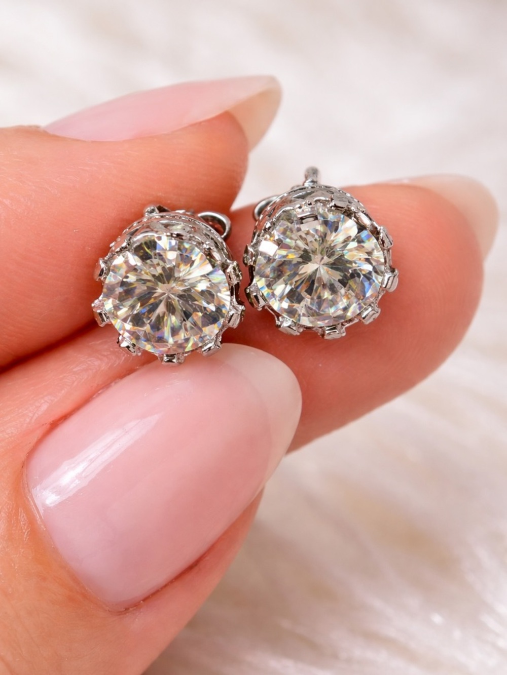 Sparkling Round CZ Silver-Tone Stud Earrings